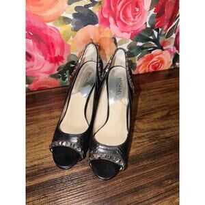 Michael Kors Studded Peep Toe Heels Black Snakeskin Leather 9.5M Stiletto Pumps
